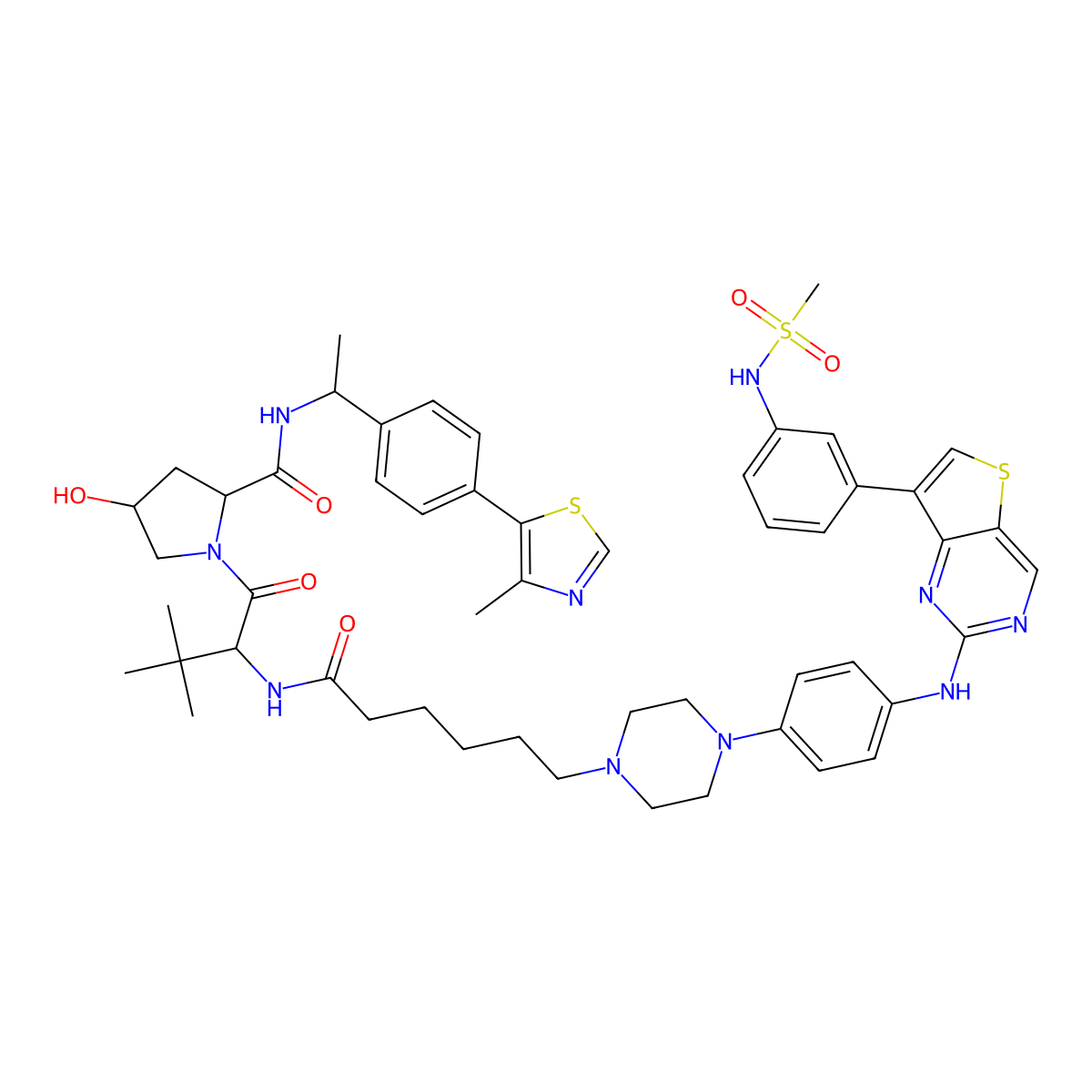(2S,4R)-4-hydroxy-1-[(2S)-2-{6-[4-(4-{[7-(3-methanesulfonamidophenyl)thieno[3,2-d]pyrimidin-2-yl]amino}phenyl)piperazin-1-yl]hexanamido}-3,3-dimethylbutanoyl]-N-[(1S)-1-[4-(4-methyl-1,3-thiazol-5-yl)phenyl]ethyl]pyrrolidine-2-carboxamide molecular structure, CAS 2769753-48-0