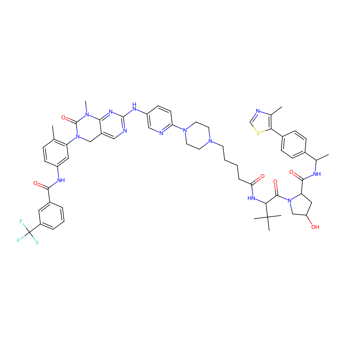 (2S,4R)-1-[(2S)-3,3-dimethyl-2-[5-(4-{5-[(8-methyl-6-{2-methyl-5-[3-(trifluoromethyl)benzamido]phenyl}-7-oxo-5H,6H,7H,8H-pyrimido[4,5-d][1,3]diazin-2-yl)amino]pyridin-2-yl}piperazin-1-yl)pentanamido]butanoyl]-4-hydroxy-N-[(1S)-1-[4-(4-methyl-1,3-thiazol-5-yl)phenyl]ethyl]pyrrolidine-2-carboxamide molecular structure, CAS 2769753-53-7