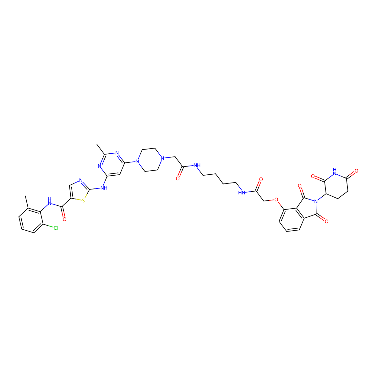 N-(2-chloro-6-methylphenyl)-2-[[6-[4-[2-[4-[[2-[2-(2,6-dioxopiperidin-3-yl)-1,3-dioxoisoindol-4-yl]oxyacetyl]amino]butylamino]-2-oxoethyl]piperazin-1-yl]-2-methylpyrimidin-4-yl]amino]-1,3-thiazole-5-carboxamide molecular structure, CAS 2769753-64-0