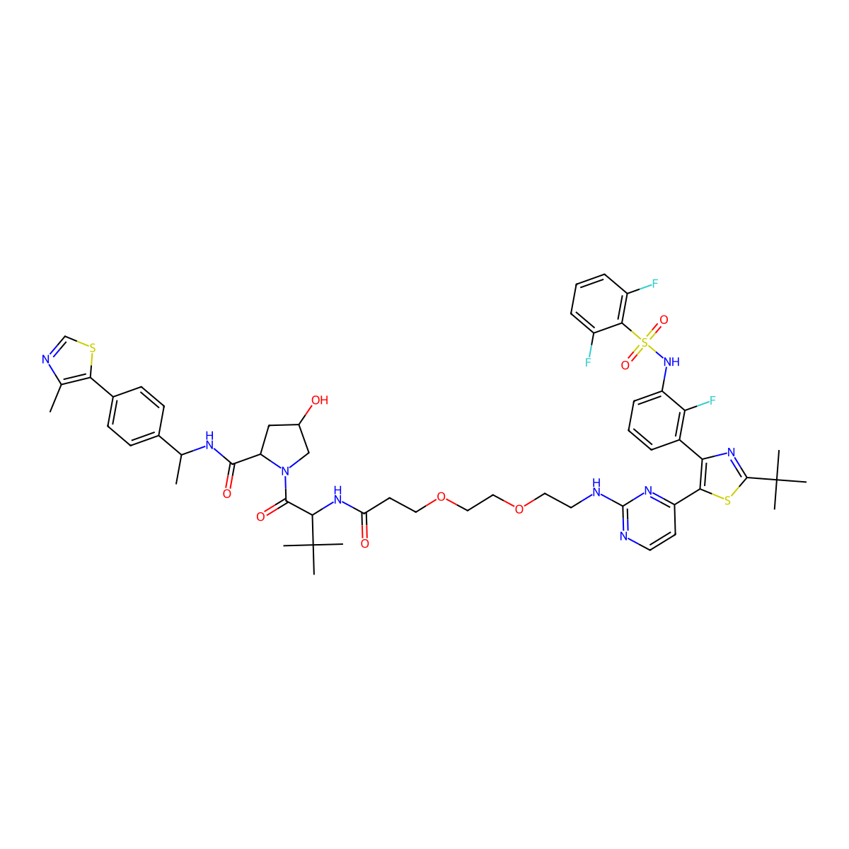 (2S,4R)-1-[(2S)-2-[3-[2-[2-[[4-[2-tert-butyl-4-[3-[(2,6-difluorophenyl)sulfonylamino]-2-fluorophenyl]-1,3-thiazol-5-yl]pyrimidin-2-yl]amino]ethoxy]ethoxy]propanoylamino]-3,3-dimethylbutanoyl]-4-hydroxy-N-[(1S)-1-[4-(4-methyl-1,3-thiazol-5-yl)phenyl]ethyl]pyrrolidine-2-carboxamide molecular structure, CAS 2769753-69-5
