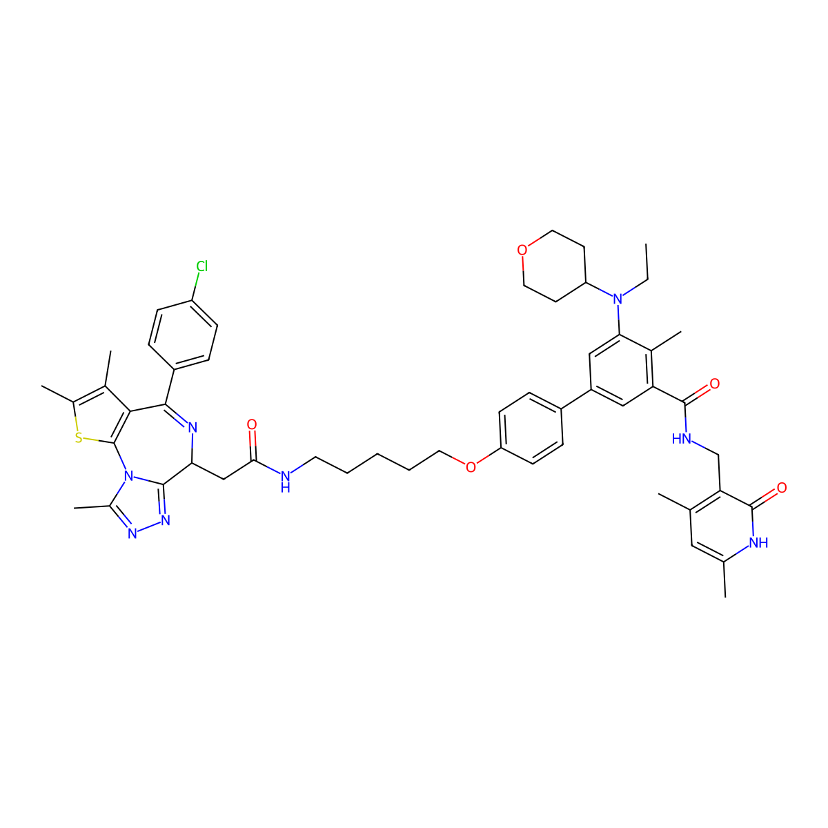 5-[4-[5-[[2-[(9S)-7-(4-chlorophenyl)-4,5,13-trimethyl-3-thia-1,8,11,12-tetrazatricyclo[8.3.0.02,6]trideca-2(6),4,7,10,12-pentaen-9-yl]acetyl]amino]pentoxy]phenyl]-N-[(4,6-dimethyl-2-oxo-1H-pyridin-3-yl)methyl]-3-[ethyl(oxan-4-yl)amino]-2-methylbenzamide molecular structure, CAS 2770108-93-3