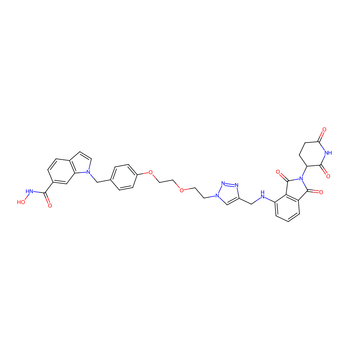 1-(4-(2-(2-(4-(((2-(2,6-Dioxopiperidin-3-yl)-1,3-dioxoisoindolin-4-yl)amino)methyl)-1H-1,2,3-triazol-1-yl)ethoxy)ethoxy)benzyl)-N-hydroxy-1H-indole-6-carboxamide molecular structure, CAS 2770263-77-7