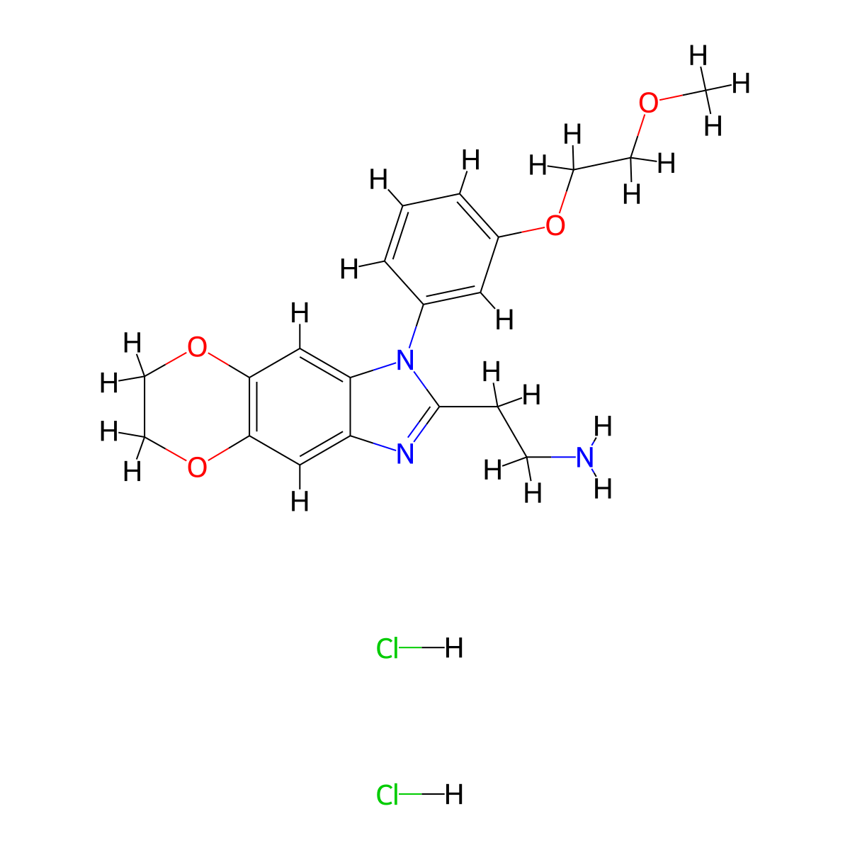 2-(6-(3-(2-Methoxyethoxy)phenyl)-10,13-dioxa-4,6-diazatricyclo(7.4.0.0,3,7)trideca-1(9),2,4,7-tetraen-5-yl)ethan-1-amine dihydrochloride molecular structure, CAS 2770359-50-5
