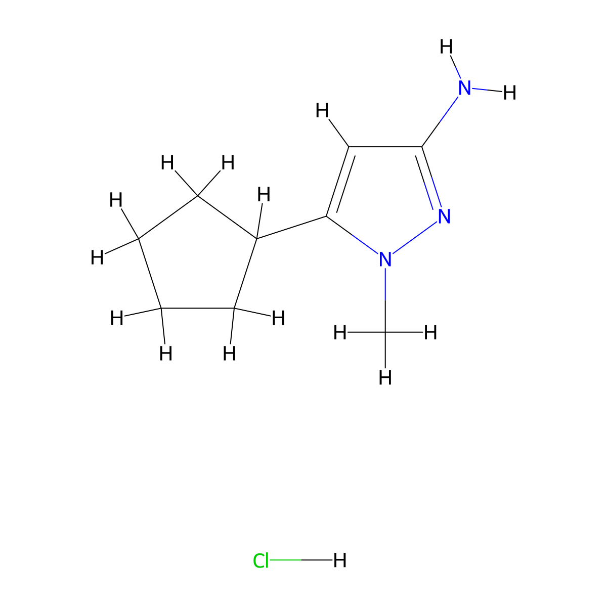5-cyclopentyl-1-methyl-1H-pyrazol-3-amine hydrochloride molecular structure, CAS 2770359-56-1