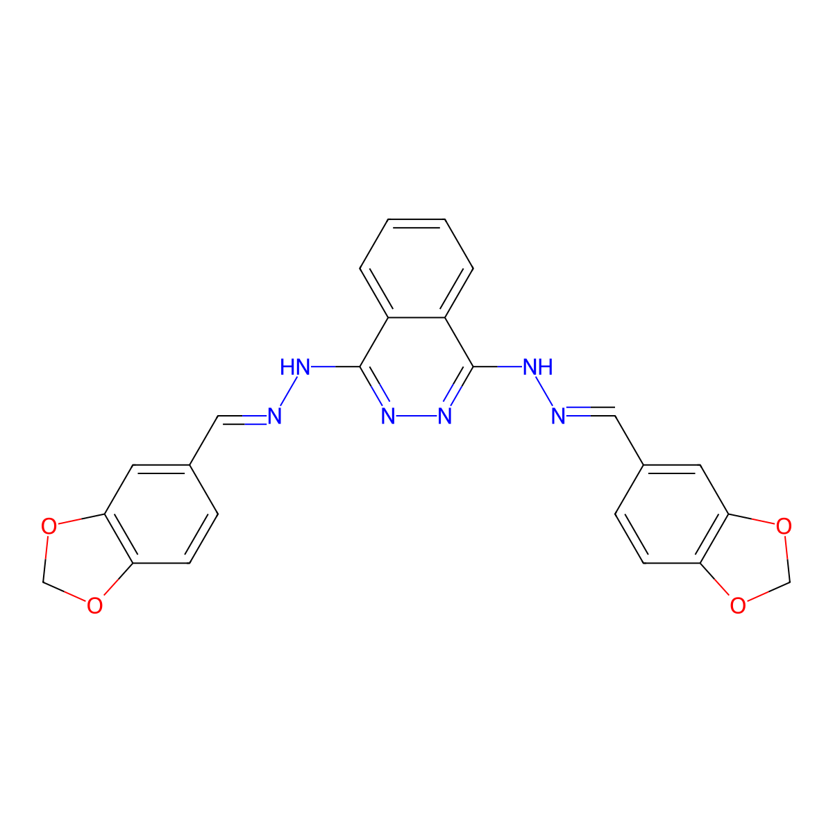 1-N,4-N-bis(1,3-benzodioxol-5-ylmethylideneamino)phthalazine-1,4-diamine molecular structure, CAS 27704-20-7