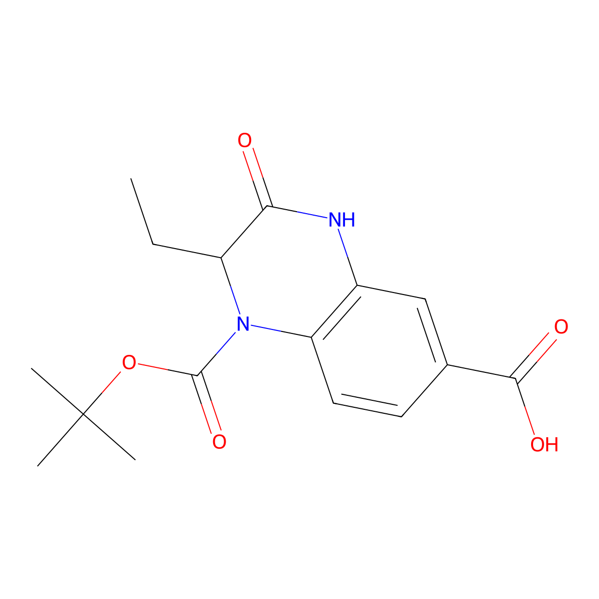 1-[(Tert-butoxy)carbonyl]-2-ethyl-3-oxo-1,2,3,4-tetrahydroquinoxaline-6-carboxylic acid molecular structure, CAS 2770494-06-7