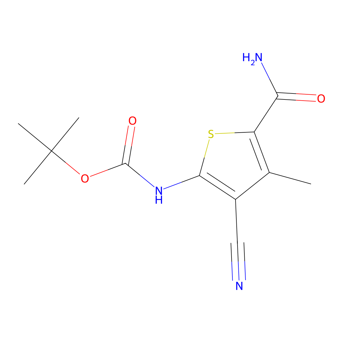 tert-butyl N-(5-carbamoyl-3-cyano-4-methylthiophen-2-yl)carbamate molecular structure, CAS 2770495-58-2