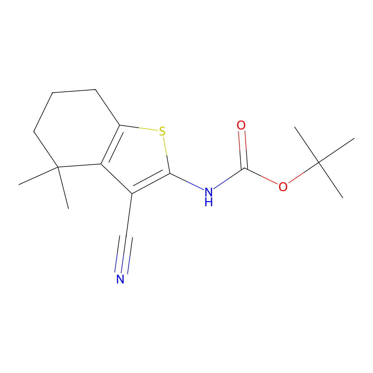 tert-butyl N-(3-cyano-4,4-dimethyl-4,5,6,7-tetrahydro-1-benzothiophen-2-yl)carbamate molecular structure, CAS 2770495-74-2