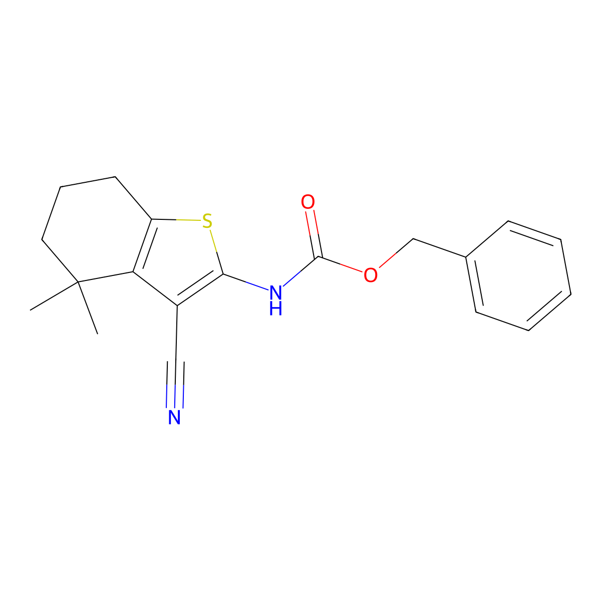 benzyl N-(3-cyano-4,4-dimethyl-4,5,6,7-tetrahydro-1-benzothiophen-2-yl)carbamate molecular structure, CAS 2770498-68-3