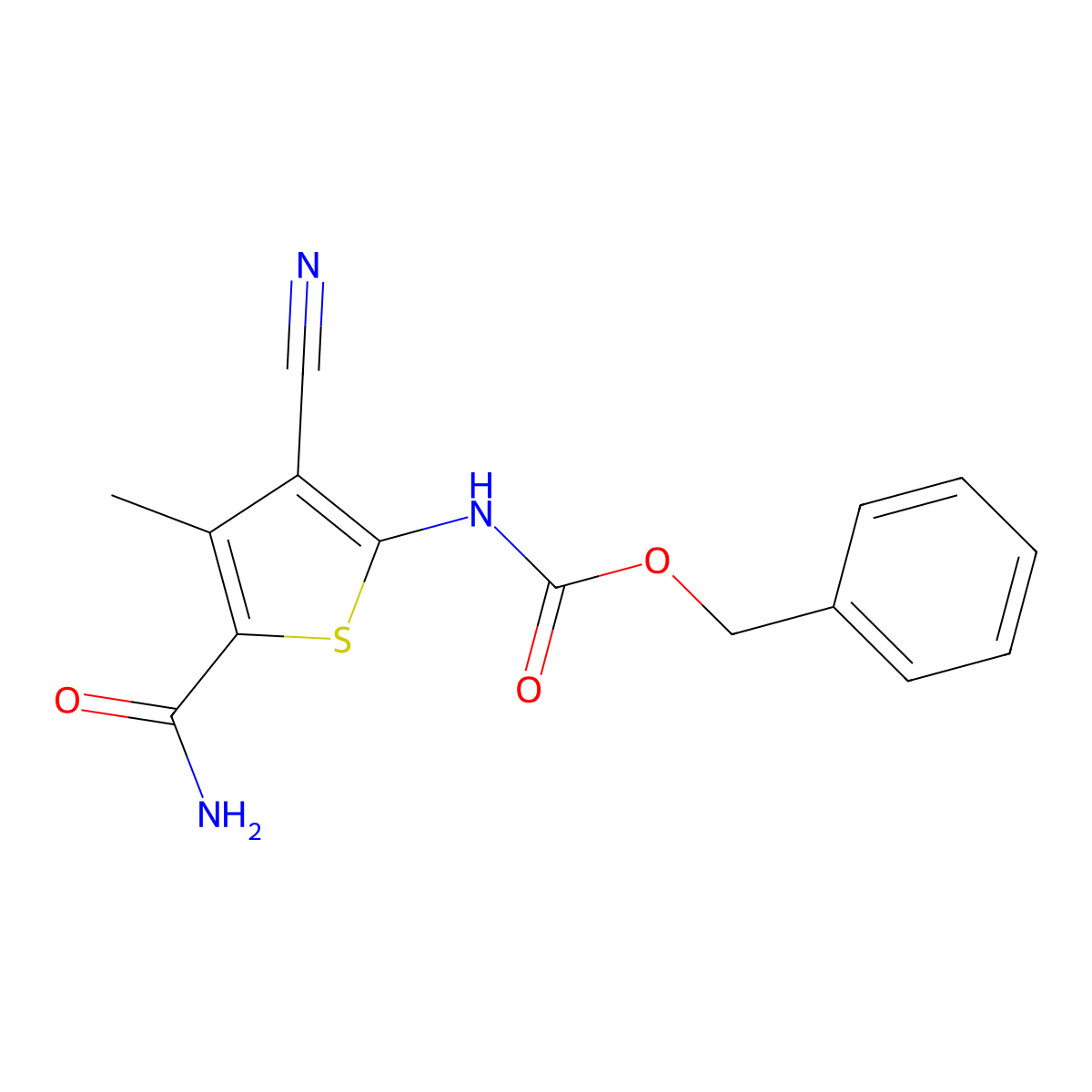 benzyl N-(5-carbamoyl-3-cyano-4-methylthiophen-2-yl)carbamate molecular structure, CAS 2770500-39-3