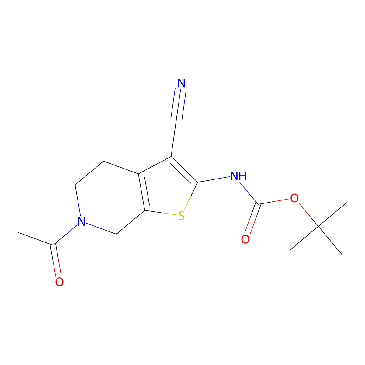 tert-butyl N-{6-acetyl-3-cyano-4H,5H,6H,7H-thieno[2,3-c]pyridin-2-yl}carbamate molecular structure, CAS 2770517-55-8