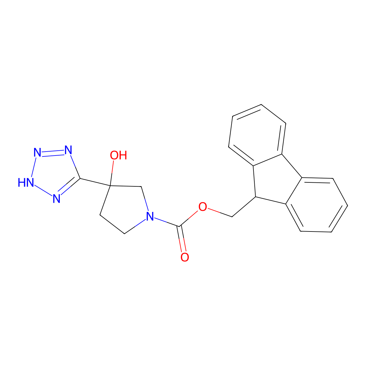 (9H-fluoren-9-yl)methyl 3-hydroxy-3-(1H-1,2,3,4-tetrazol-5-yl)pyrrolidine-1-carboxylate molecular structure, CAS 2770519-12-3