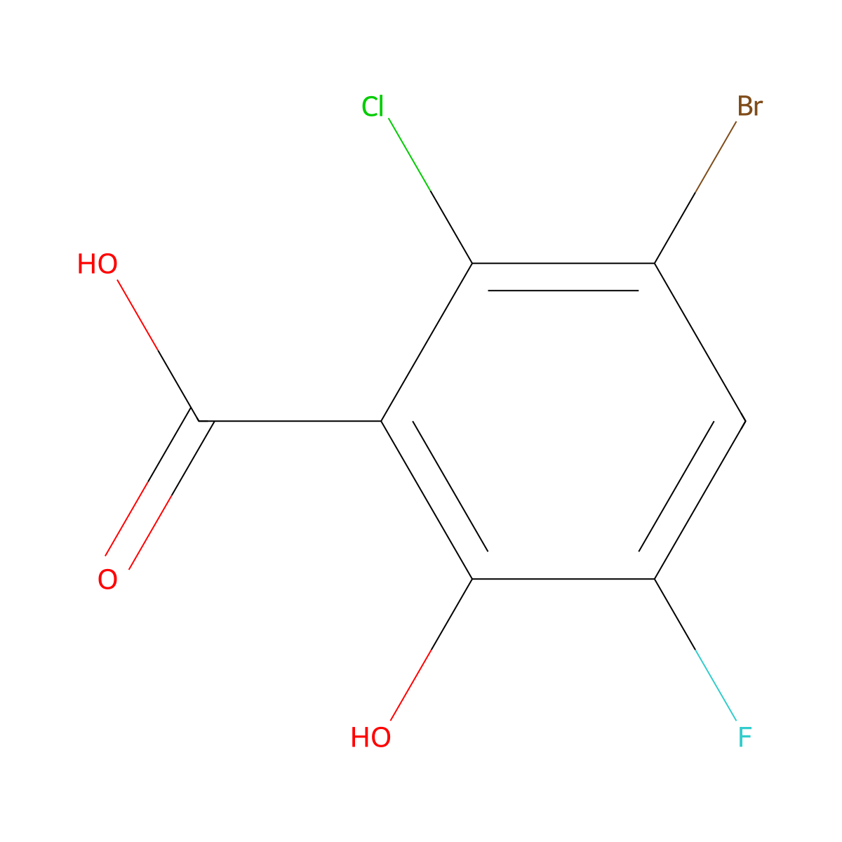 3-Bromo-2-chloro-5-fluoro-6-hydroxybenzoic acid molecular structure, CAS 2770525-67-0