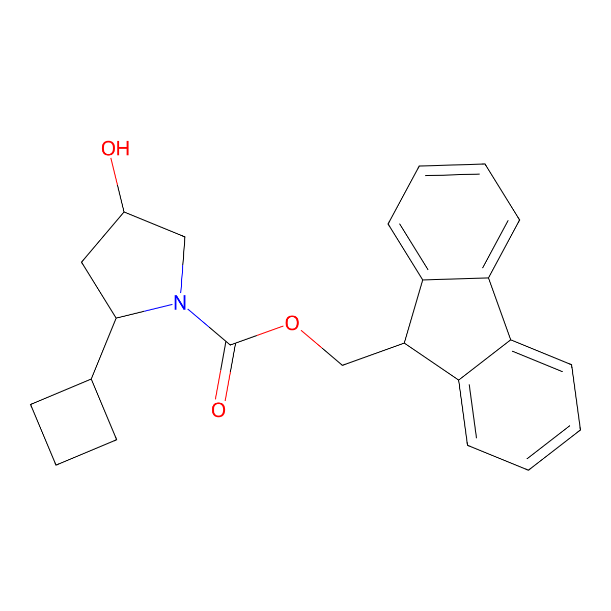 (9H-fluoren-9-yl)methyl 2-cyclobutyl-4-hydroxypyrrolidine-1-carboxylate molecular structure, CAS 2770534-74-0