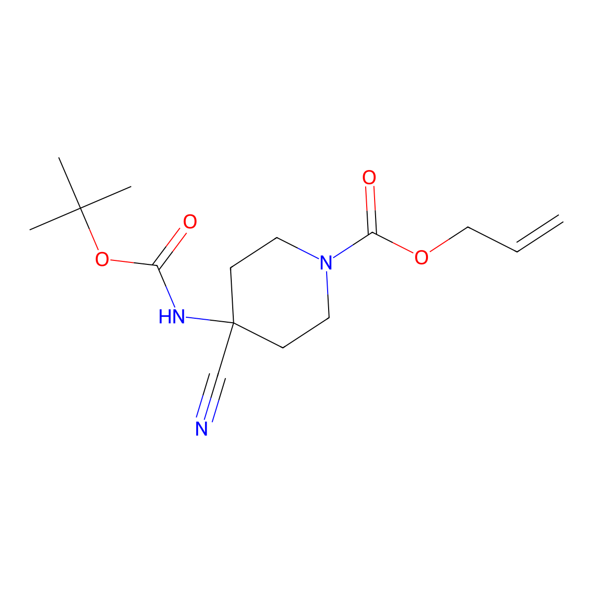 Prop-2-en-1-yl 4-{[(tert-butoxy)carbonyl]amino}-4-cyanopiperidine-1-carboxylate molecular structure, CAS 2770544-68-6