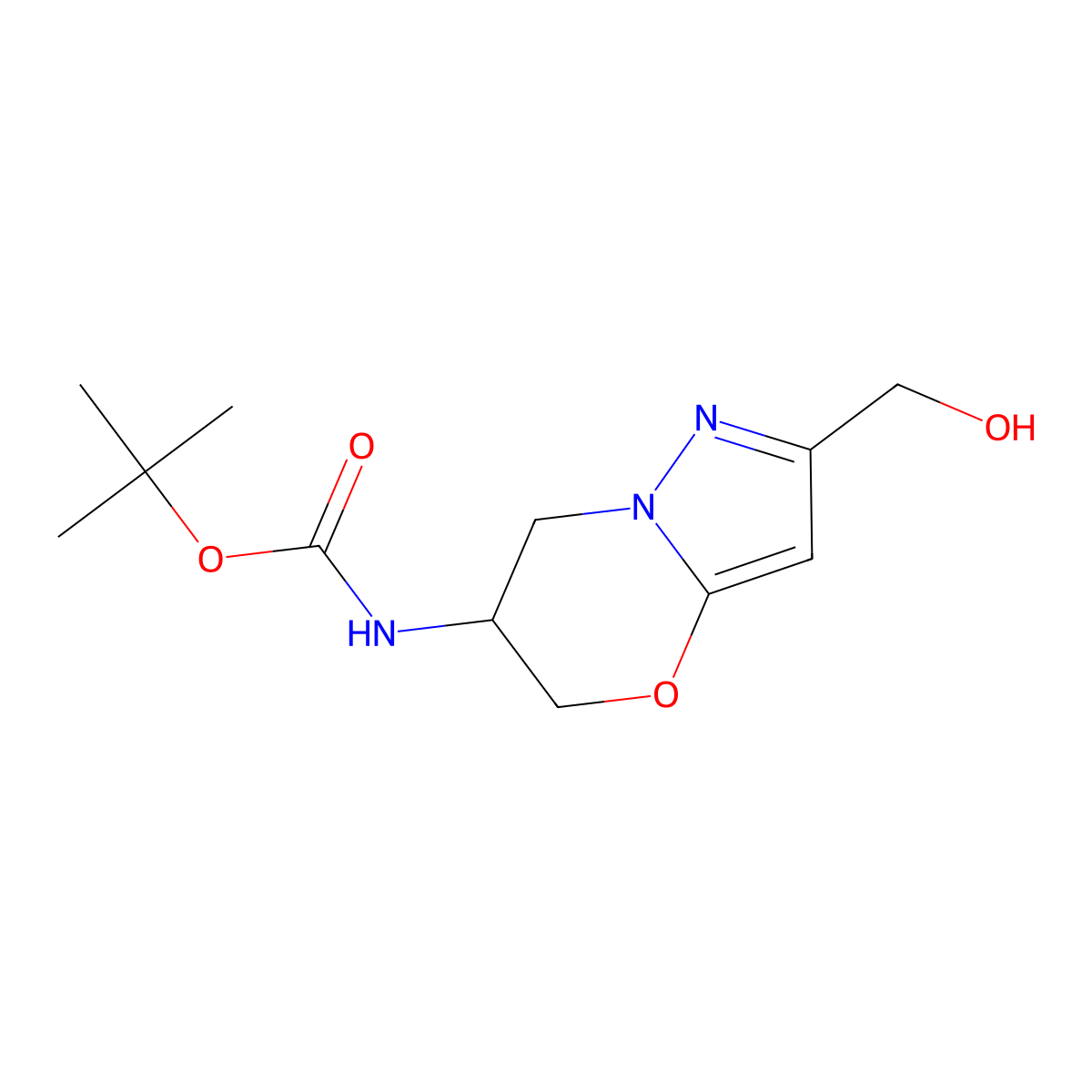 tert-butyl N-[2-(hydroxymethyl)-5H,6H,7H-pyrazolo[3,2-b][1,3]oxazin-6-yl]carbamate molecular structure, CAS 2770545-36-1