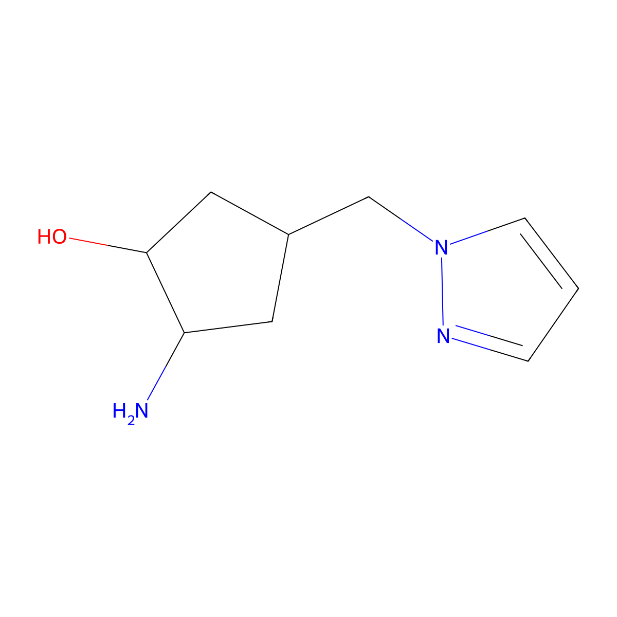 2-amino-4-[(1H-pyrazol-1-yl)methyl]cyclopentan-1-ol molecular structure, CAS 2770546-00-2