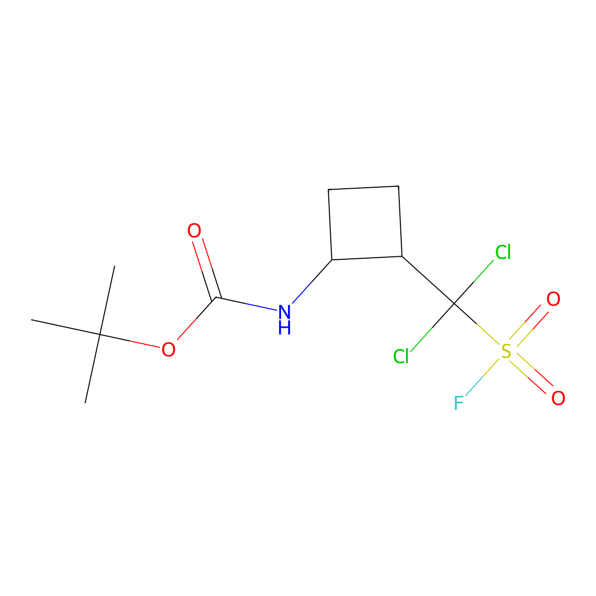 tert-butyl N-{2-[dichloro(fluorosulfonyl)methyl]cyclobutyl}carbamate molecular structure, CAS 2770546-27-3