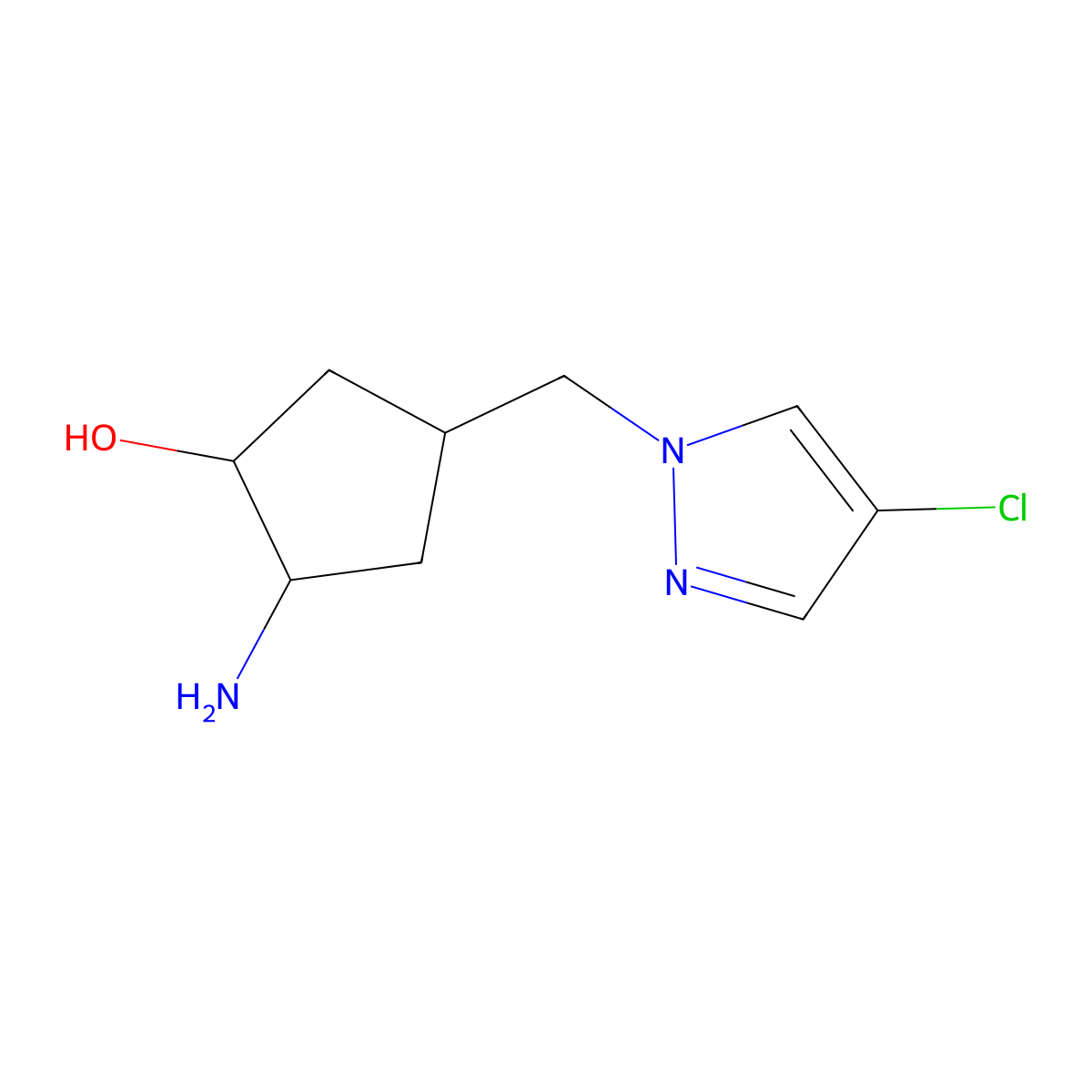 2-amino-4-[(4-chloro-1H-pyrazol-1-yl)methyl]cyclopentan-1-ol molecular structure, CAS 2770557-33-8