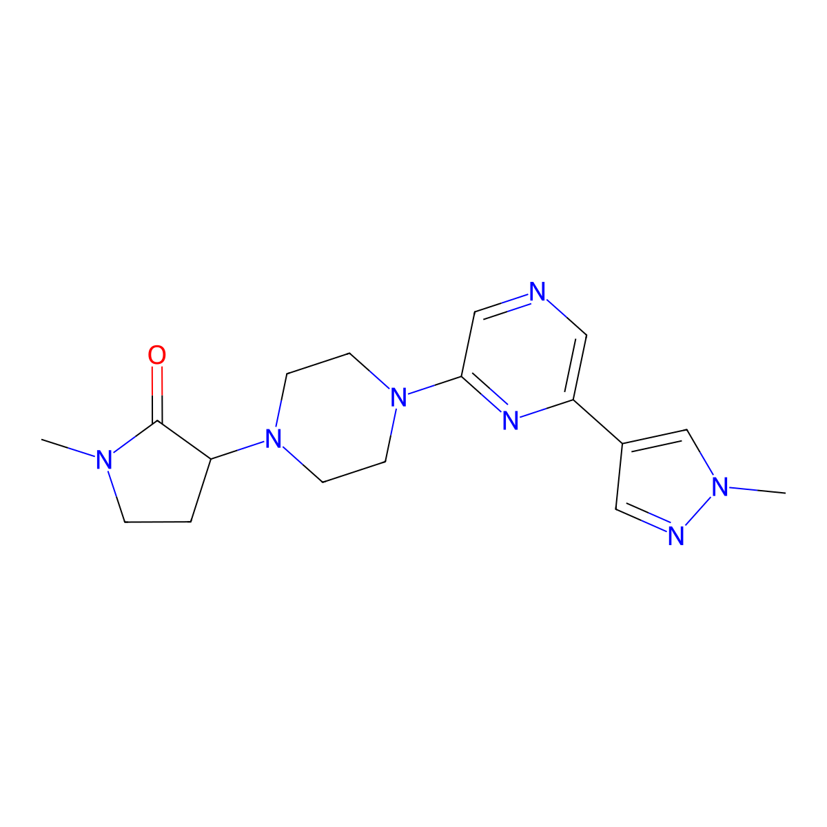 1-methyl-3-{4-[6-(1-methyl-1H-pyrazol-4-yl)pyrazin-2-yl]piperazin-1-yl}pyrrolidin-2-one molecular structure, CAS 2770579-59-2