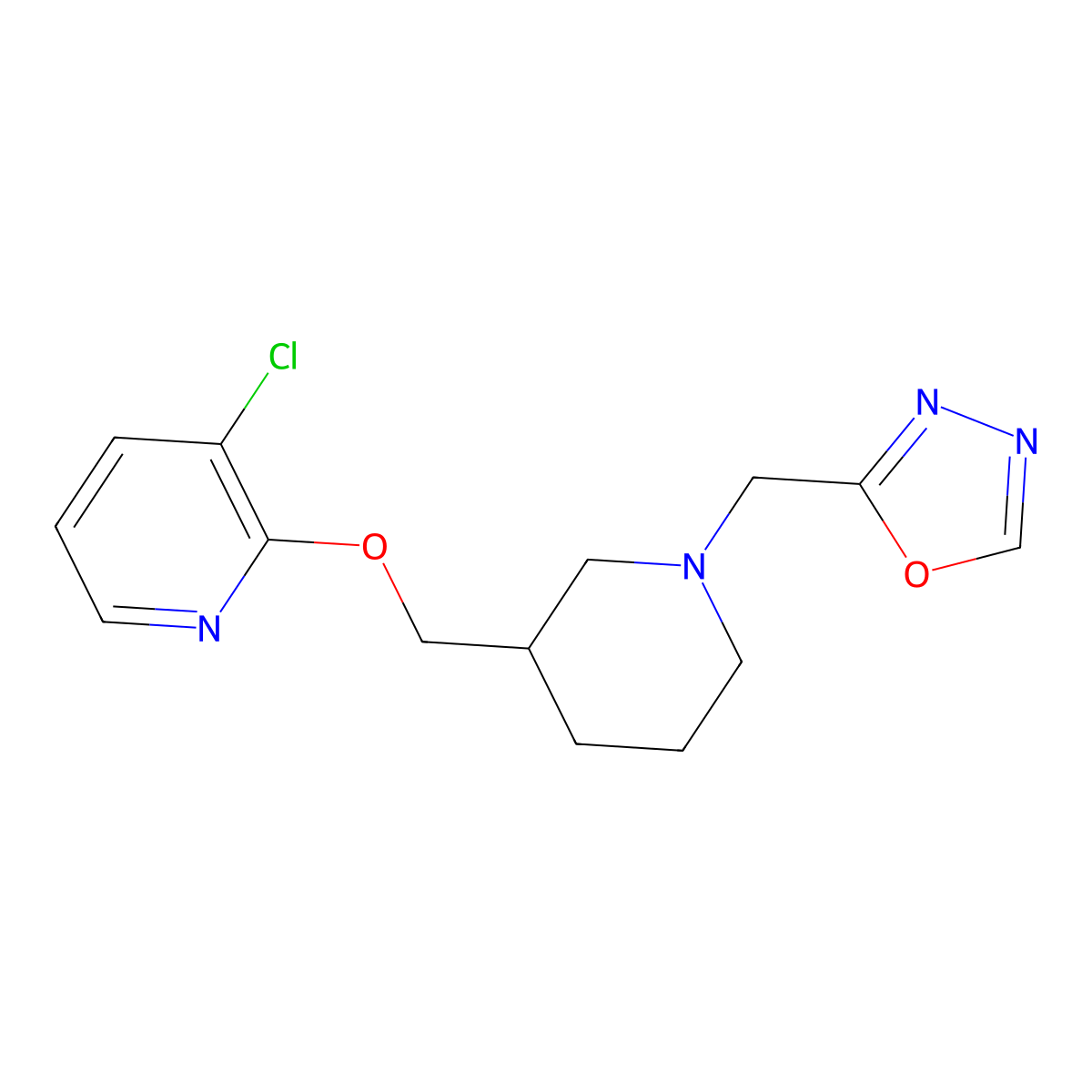 3-Chloro-2-({1-[(1,3,4-oxadiazol-2-yl)methyl]piperidin-3-yl}methoxy)pyridine molecular structure, CAS 2770579-69-4