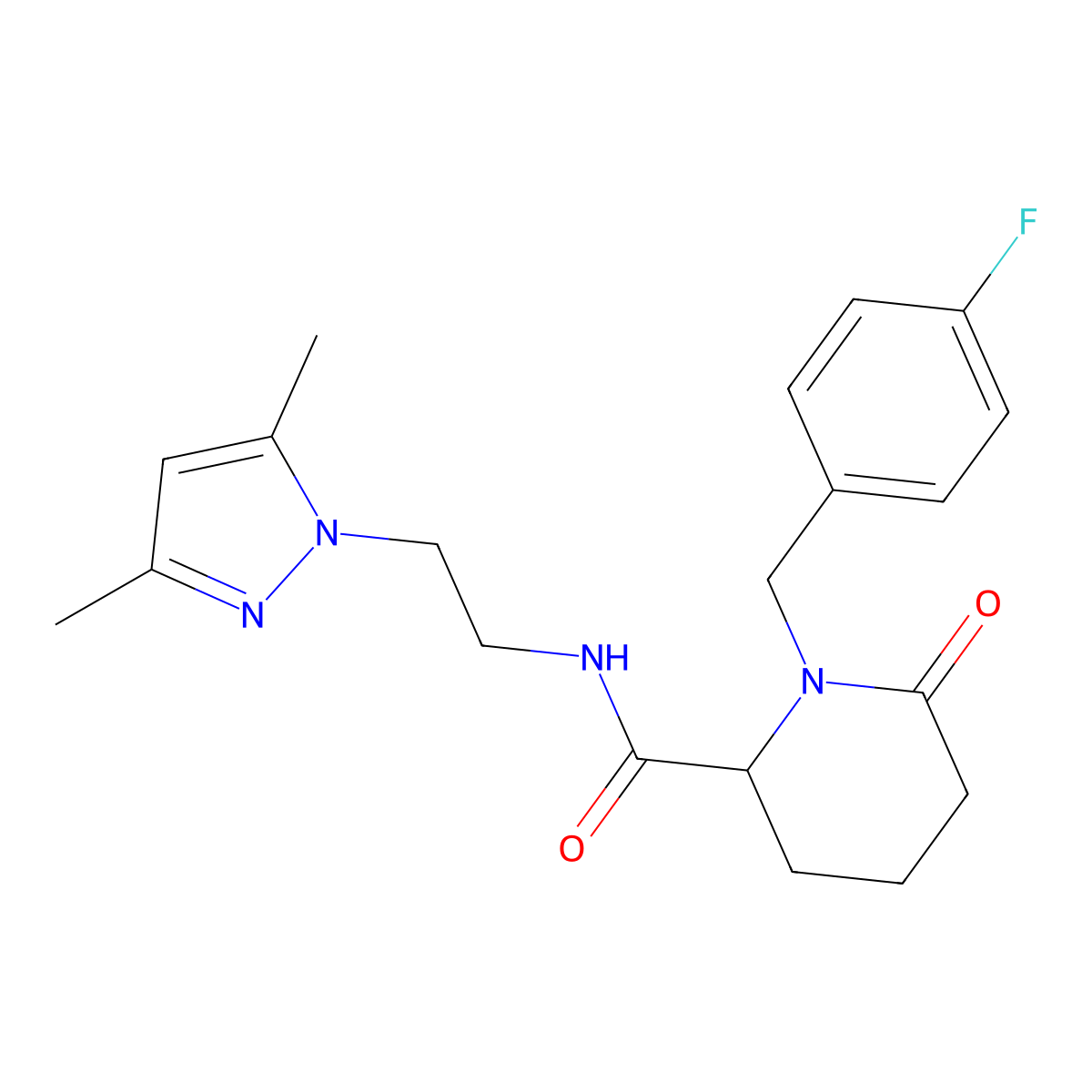 N-[2-(3,5-dimethyl-1H-pyrazol-1-yl)ethyl]-1-[(4-fluorophenyl)methyl]-6-oxopiperidine-2-carboxamide molecular structure, CAS 2770579-74-1