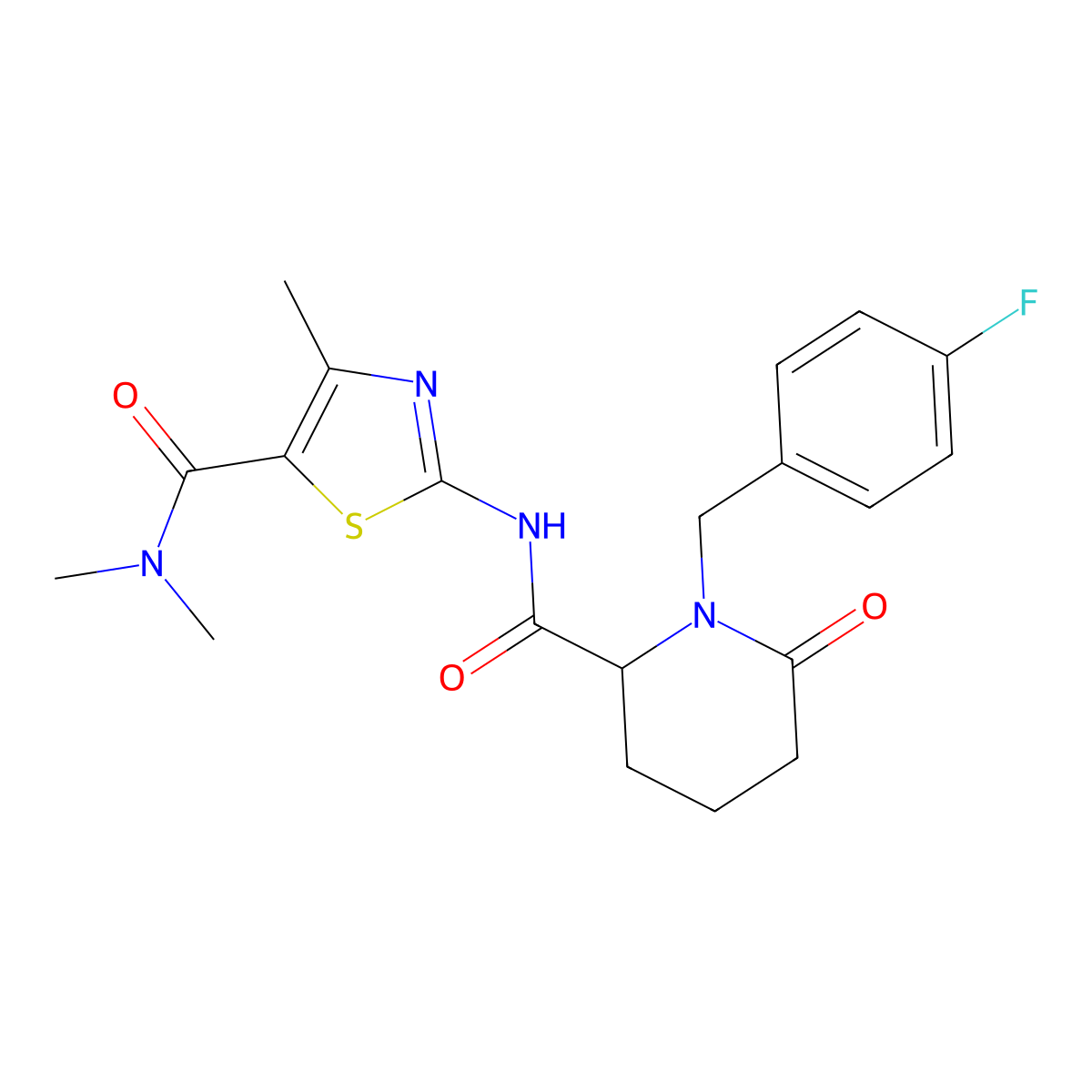 N-[5-(dimethylcarbamoyl)-4-methyl-1,3-thiazol-2-yl]-1-[(4-fluorophenyl)methyl]-6-oxopiperidine-2-carboxamide molecular structure, CAS 2770579-84-3