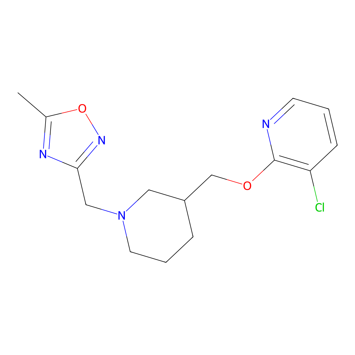 3-Chloro-2-({1-[(5-methyl-1,2,4-oxadiazol-3-yl)methyl]piperidin-3-yl}methoxy)pyridine molecular structure, CAS 2770579-89-8