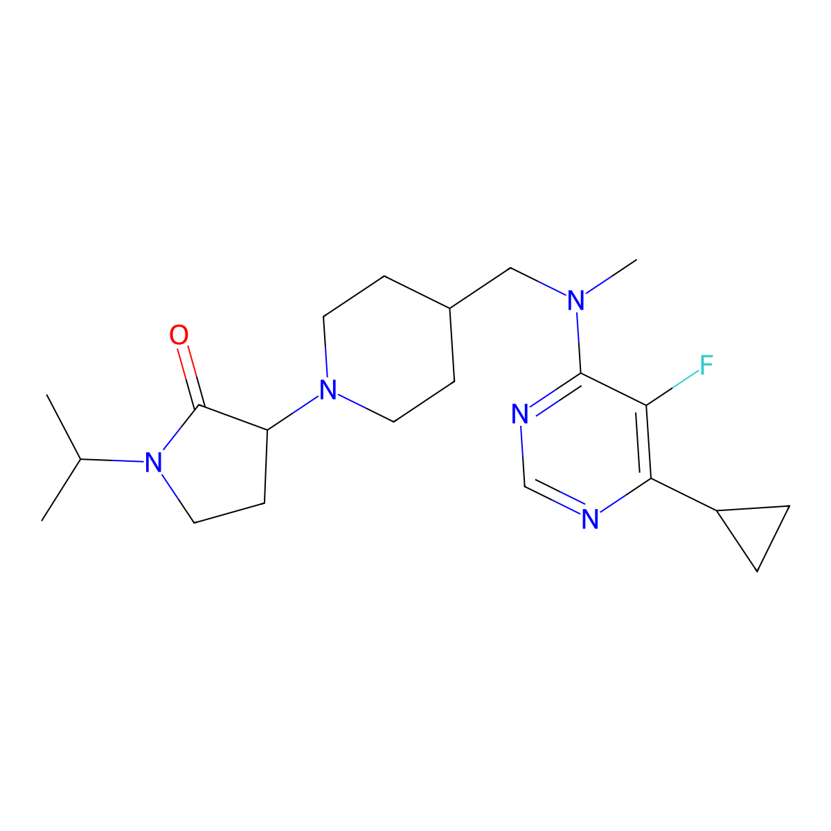 3-(4-{[(6-Cyclopropyl-5-fluoropyrimidin-4-yl)(methyl)amino]methyl}piperidin-1-yl)-1-(propan-2-yl)pyrrolidin-2-one molecular structure, CAS 2770579-93-4