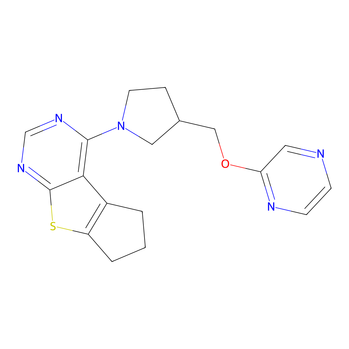 12-{3-[(Pyrazin-2-yloxy)methyl]pyrrolidin-1-yl}-7-thia-9,11-diazatricyclo[6.4.0.0^{2,6}]dodeca-1(8),2(6),9,11-tetraene molecular structure, CAS 2770580-16-8