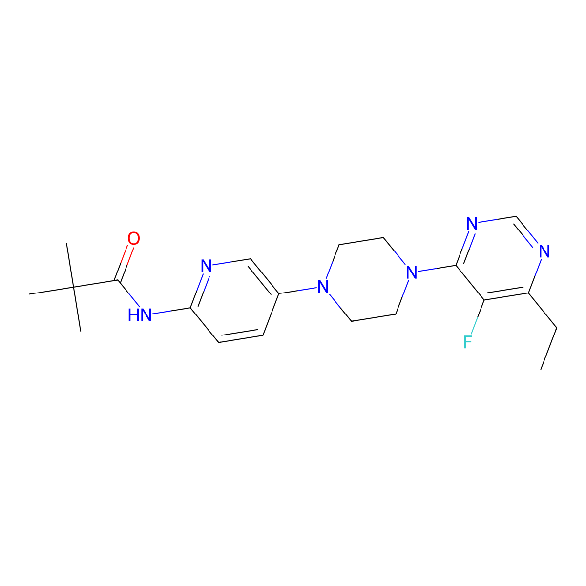 N-{5-[4-(6-ethyl-5-fluoropyrimidin-4-yl)piperazin-1-yl]pyridin-2-yl}-2,2-dimethylpropanamide molecular structure, CAS 2770580-24-8