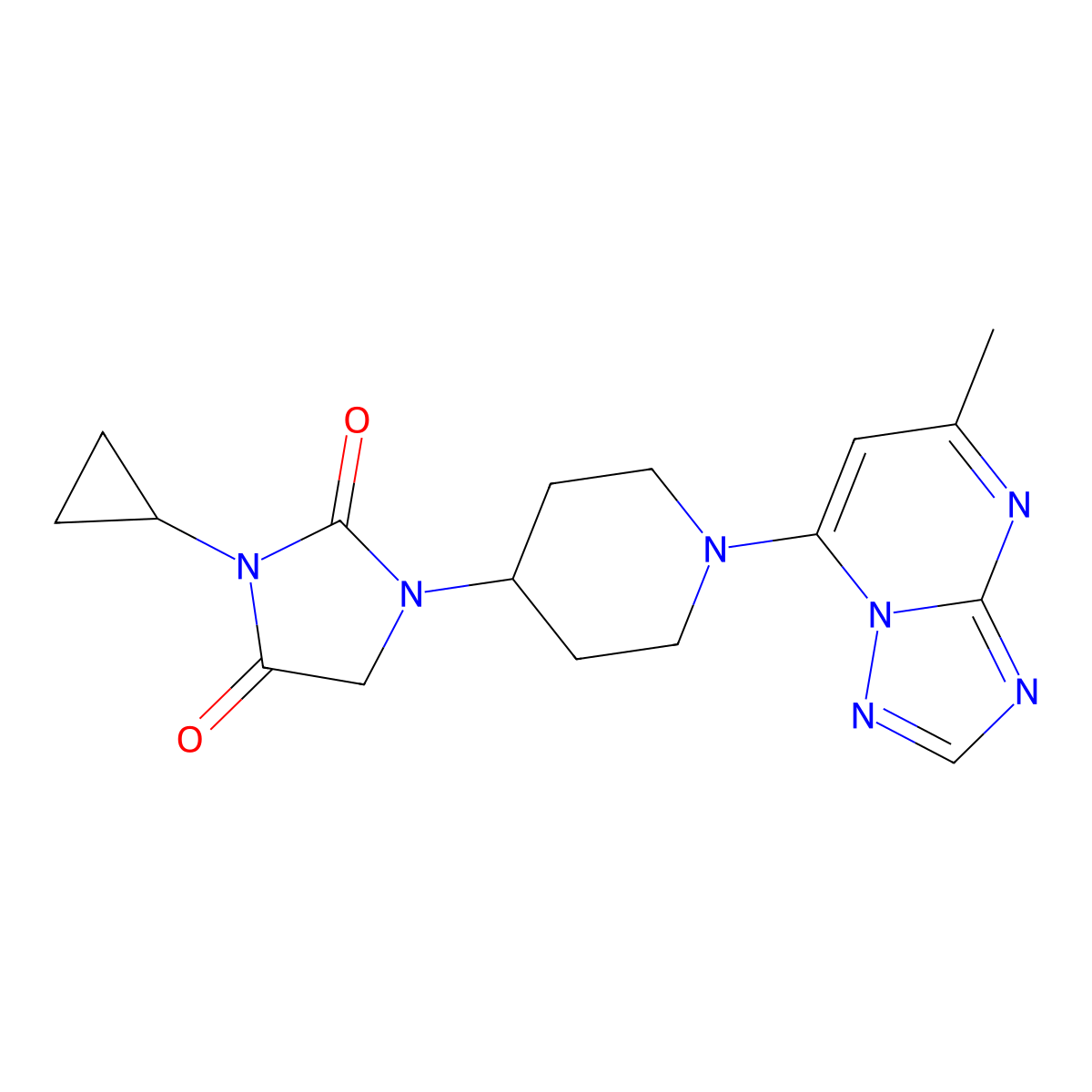 3-Cyclopropyl-1-(1-{5-methyl-[1,2,4]triazolo[1,5-a]pyrimidin-7-yl}piperidin-4-yl)imidazolidine-2,4-dione molecular structure, CAS 2770580-27-1