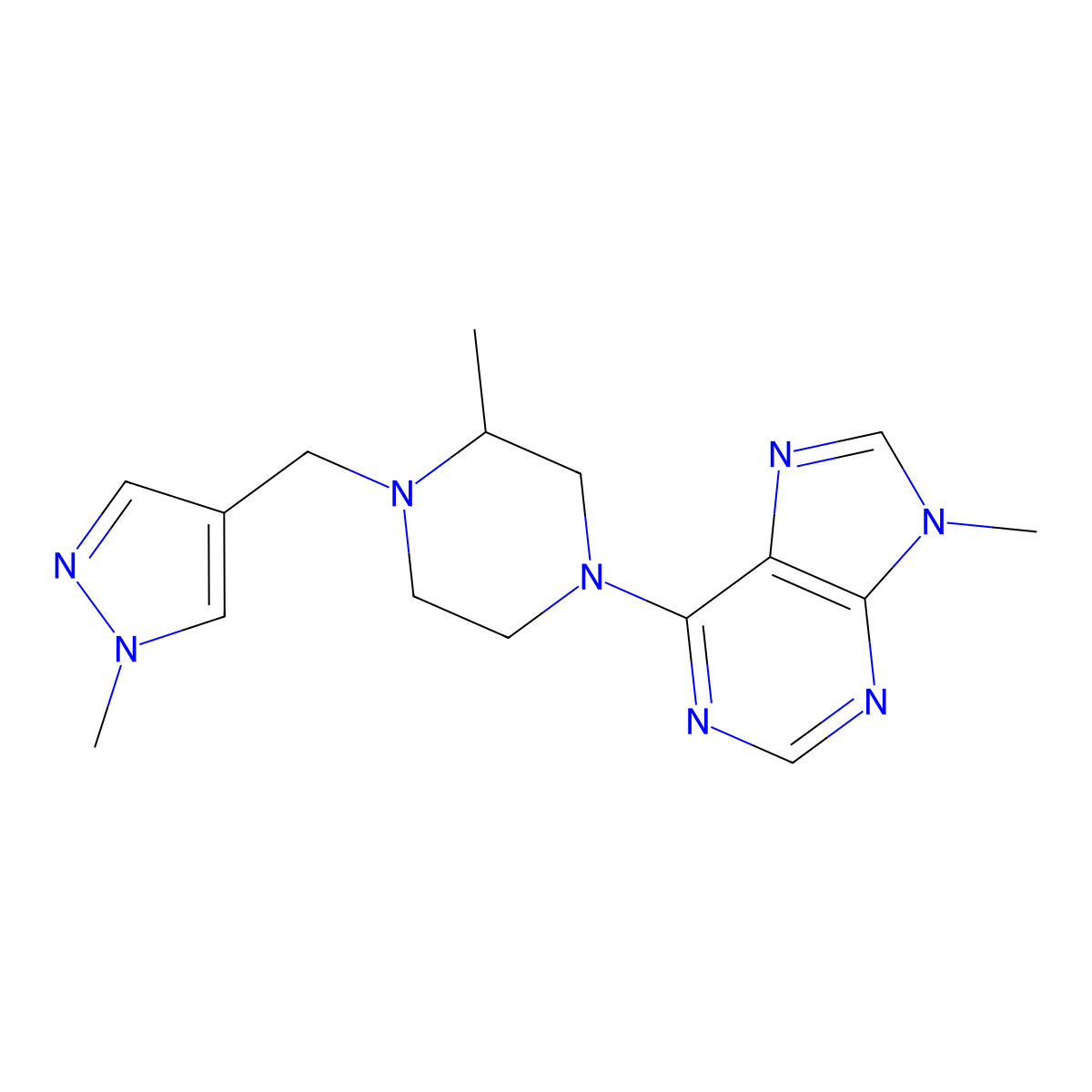 9-methyl-6-{3-methyl-4-[(1-methyl-1H-pyrazol-4-yl)methyl]piperazin-1-yl}-9H-purine molecular structure, CAS 2770580-33-9