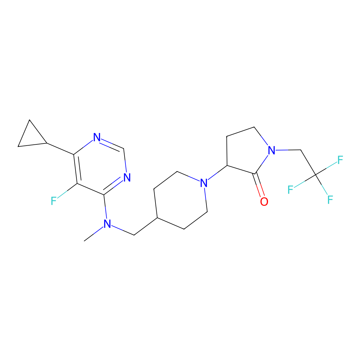 3-(4-{[(6-Cyclopropyl-5-fluoropyrimidin-4-yl)(methyl)amino]methyl}piperidin-1-yl)-1-(2,2,2-trifluoroethyl)pyrrolidin-2-one molecular structure, CAS 2770580-36-2