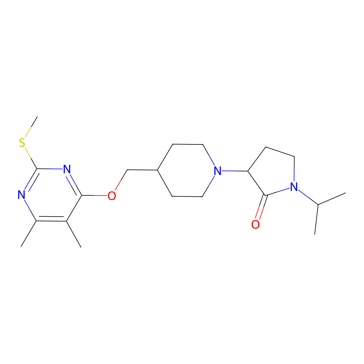 3-[4-({[5,6-Dimethyl-2-(methylsulfanyl)pyrimidin-4-yl]oxy}methyl)piperidin-1-yl]-1-(propan-2-yl)pyrrolidin-2-one molecular structure, CAS 2770580-42-0