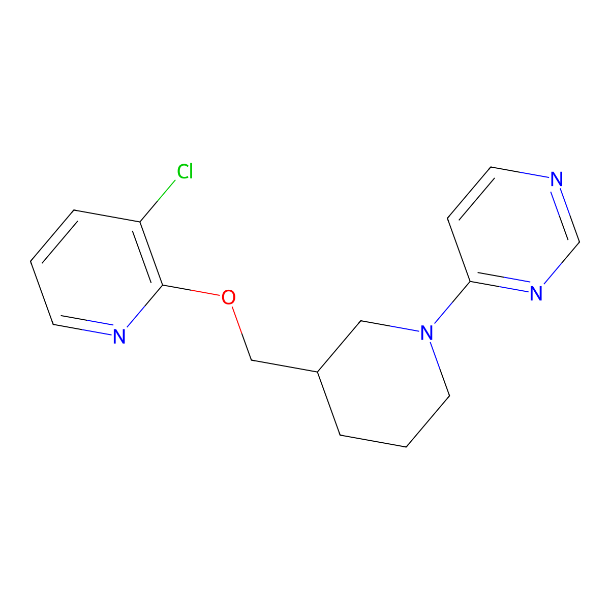 4-(3-{[(3-Chloropyridin-2-yl)oxy]methyl}piperidin-1-yl)pyrimidine molecular structure, CAS 2770580-59-9