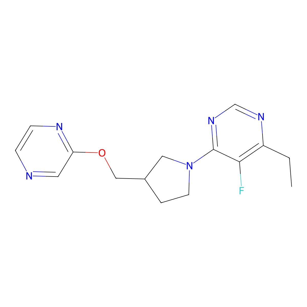 4-Ethyl-5-fluoro-6-{3-[(pyrazin-2-yloxy)methyl]pyrrolidin-1-yl}pyrimidine molecular structure, CAS 2770580-66-8