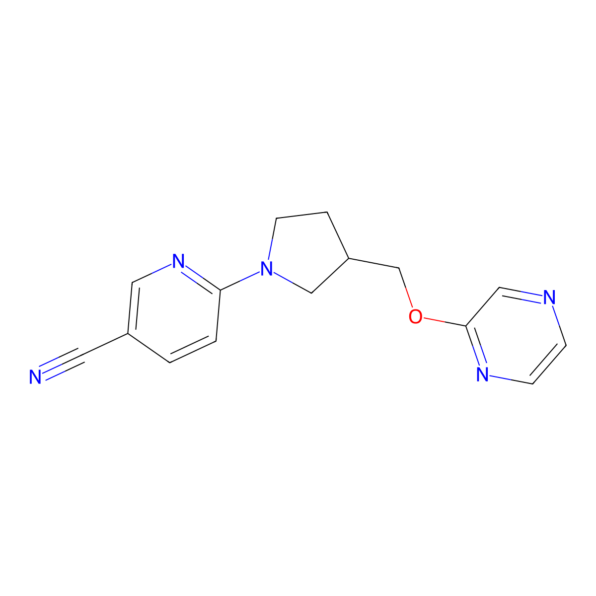 6-{3-[(Pyrazin-2-yloxy)methyl]pyrrolidin-1-yl}pyridine-3-carbonitrile molecular structure, CAS 2770580-74-8