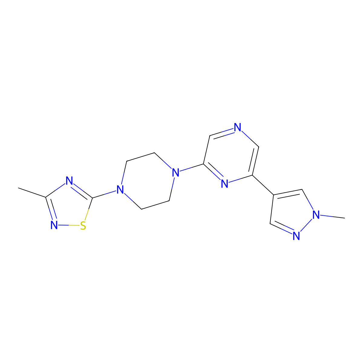 2-[4-(3-methyl-1,2,4-thiadiazol-5-yl)piperazin-1-yl]-6-(1-methyl-1H-pyrazol-4-yl)pyrazine molecular structure, CAS 2770580-76-0