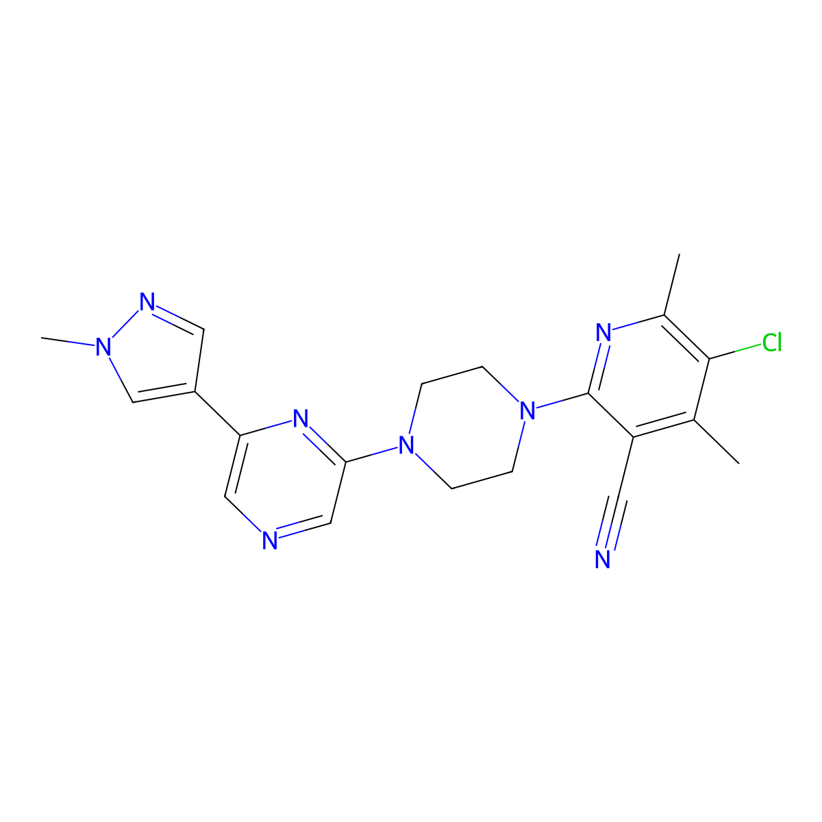 5-chloro-4,6-dimethyl-2-{4-[6-(1-methyl-1H-pyrazol-4-yl)pyrazin-2-yl]piperazin-1-yl}pyridine-3-carbonitrile molecular structure, CAS 2770580-82-8