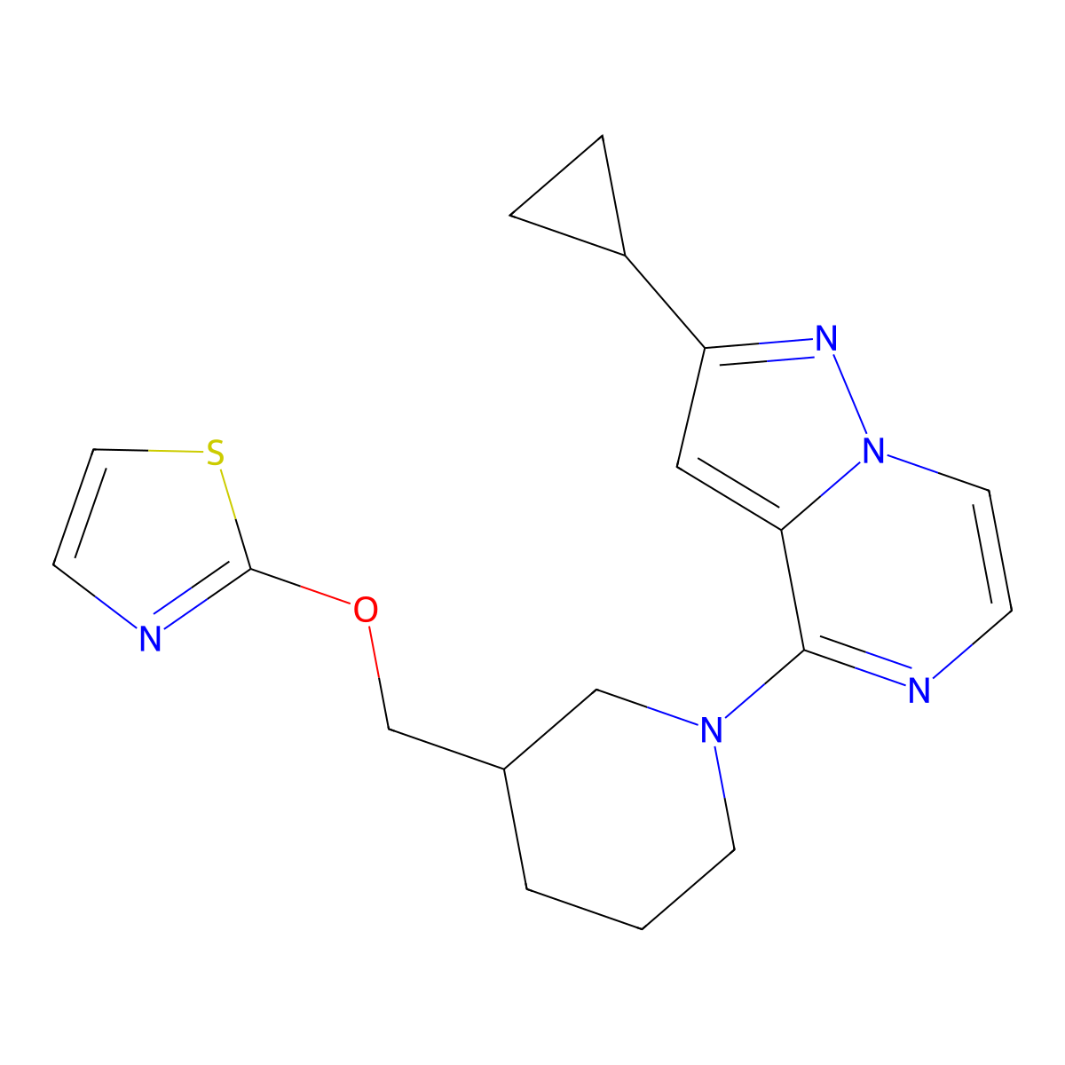 1-{2-Cyclopropylpyrazolo[1,5-a]pyrazin-4-yl}-3-[(1,3-thiazol-2-yloxy)methyl]piperidine molecular structure, CAS 2770580-84-0
