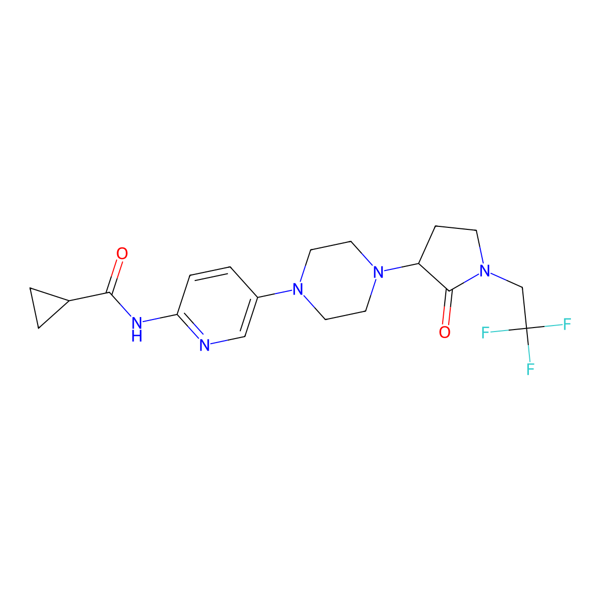 N-(5-{4-[2-oxo-1-(2,2,2-trifluoroethyl)pyrrolidin-3-yl]piperazin-1-yl}pyridin-2-yl)cyclopropanecarboxamide molecular structure, CAS 2770580-85-1