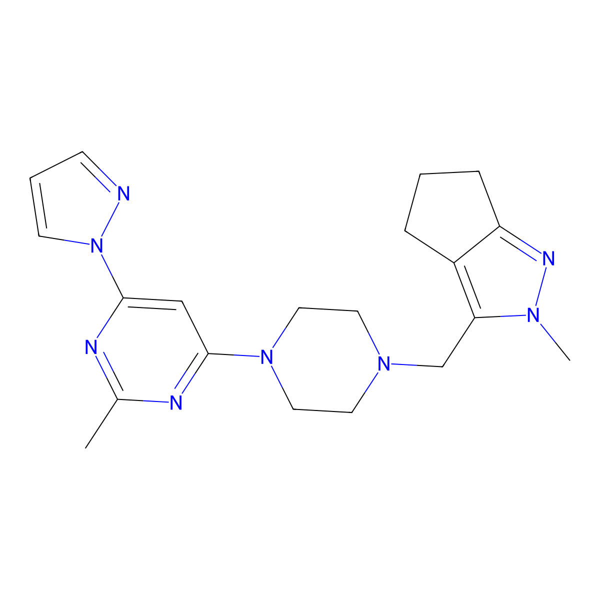 2-methyl-4-[4-({2-methyl-2H,4H,5H,6H-cyclopenta[c]pyrazol-3-yl}methyl)piperazin-1-yl]-6-(1H-pyrazol-1-yl)pyrimidine molecular structure, CAS 2770580-88-4