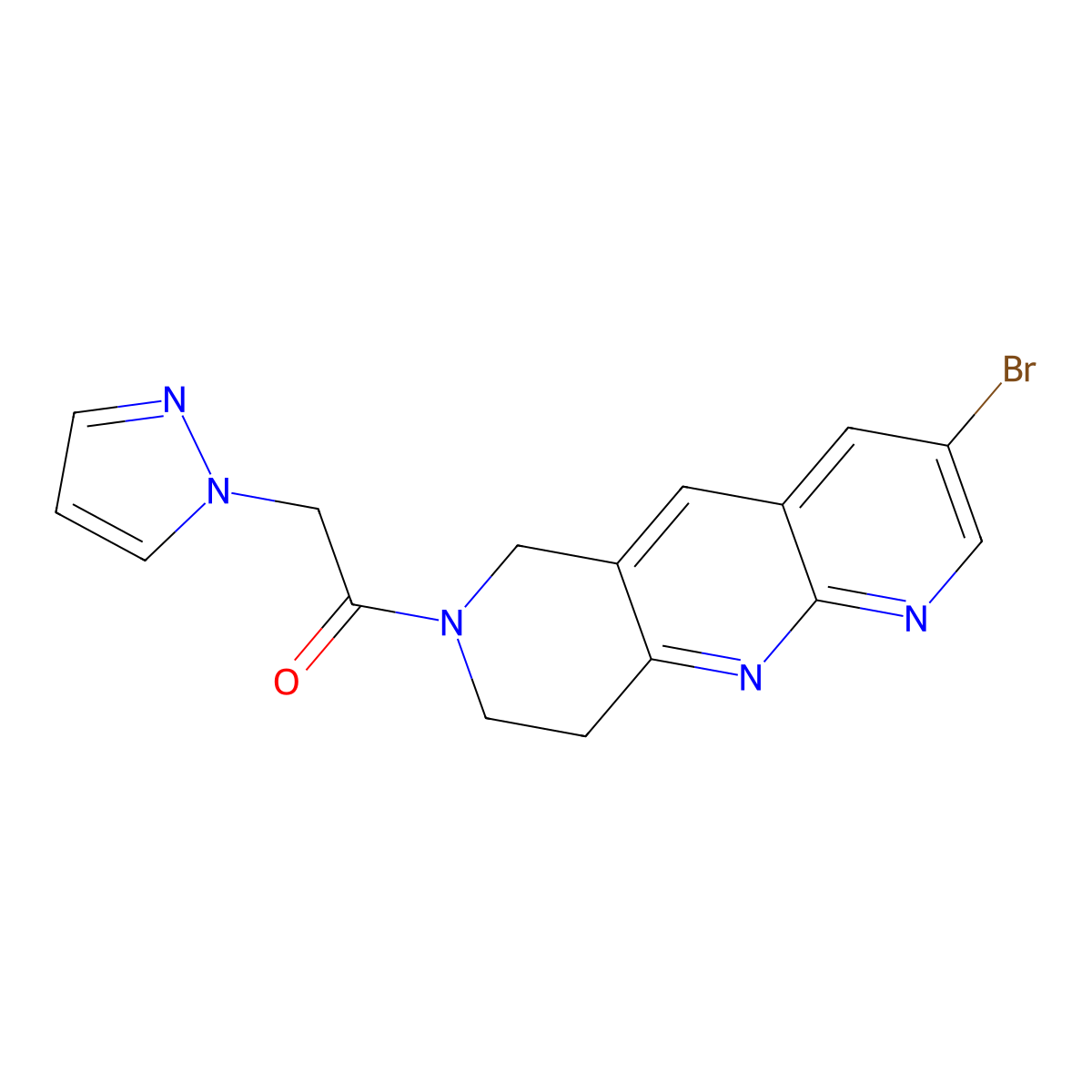 1-{3-bromo-6H,7H,8H,9H-pyrido[2,3-b]1,6-naphthyridin-7-yl}-2-(1H-pyrazol-1-yl)ethan-1-one molecular structure, CAS 2770580-94-2