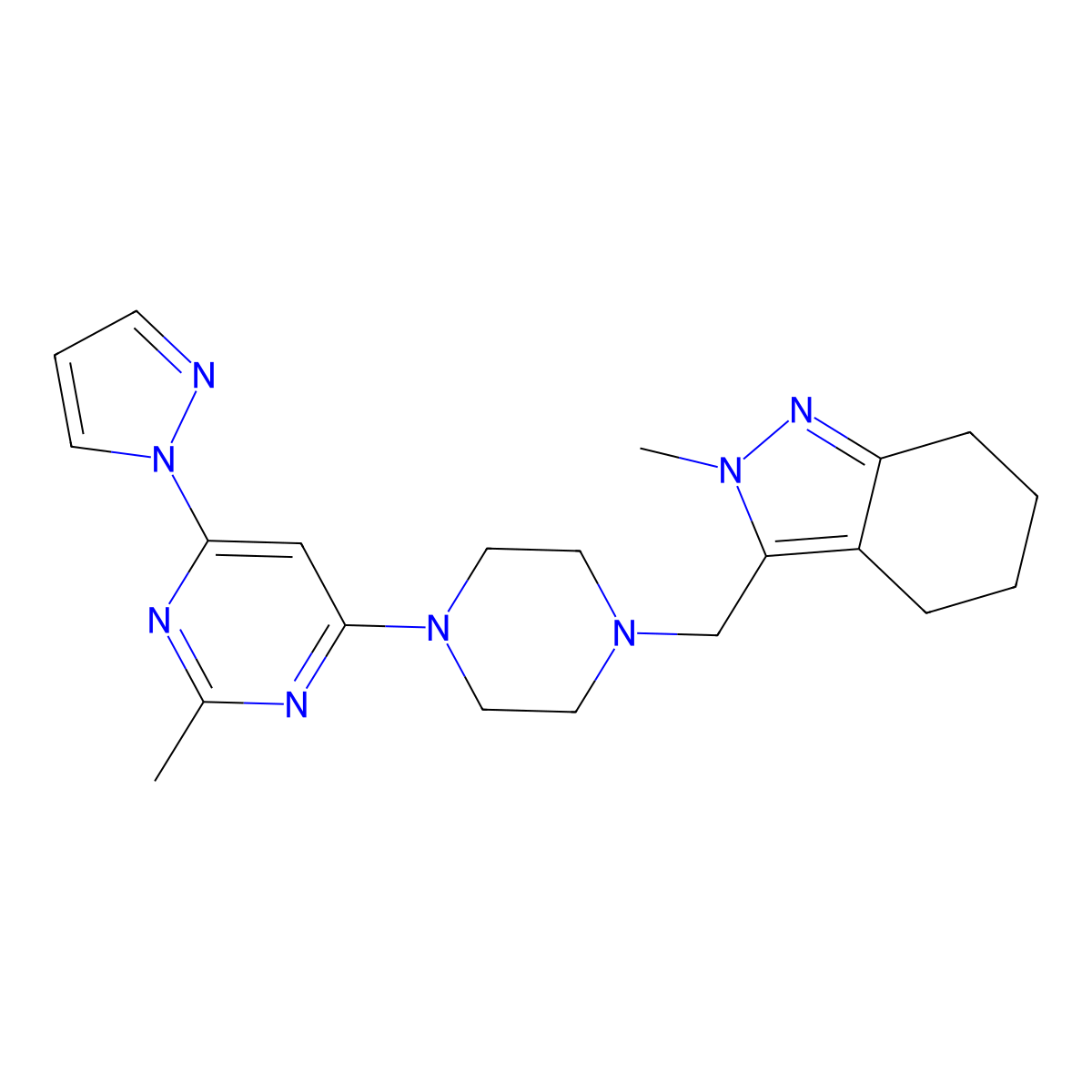 2-methyl-3-({4-[2-methyl-6-(1H-pyrazol-1-yl)pyrimidin-4-yl]piperazin-1-yl}methyl)-4,5,6,7-tetrahydro-2H-indazole molecular structure, CAS 2770580-97-5