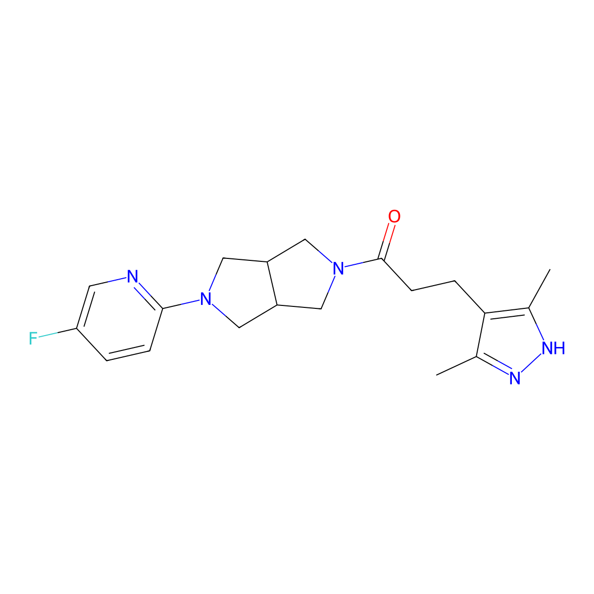 3-(3,5-dimethyl-1H-pyrazol-4-yl)-1-[5-(5-fluoropyridin-2-yl)-octahydropyrrolo[3,4-c]pyrrol-2-yl]propan-1-one molecular structure, CAS 2770581-04-7
