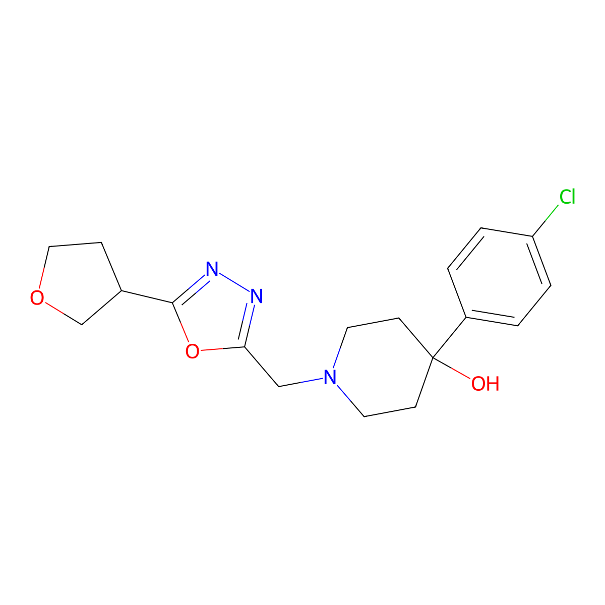 4-(4-Chlorophenyl)-1-{[5-(oxolan-3-yl)-1,3,4-oxadiazol-2-yl]methyl}piperidin-4-ol molecular structure, CAS 2770581-11-6
