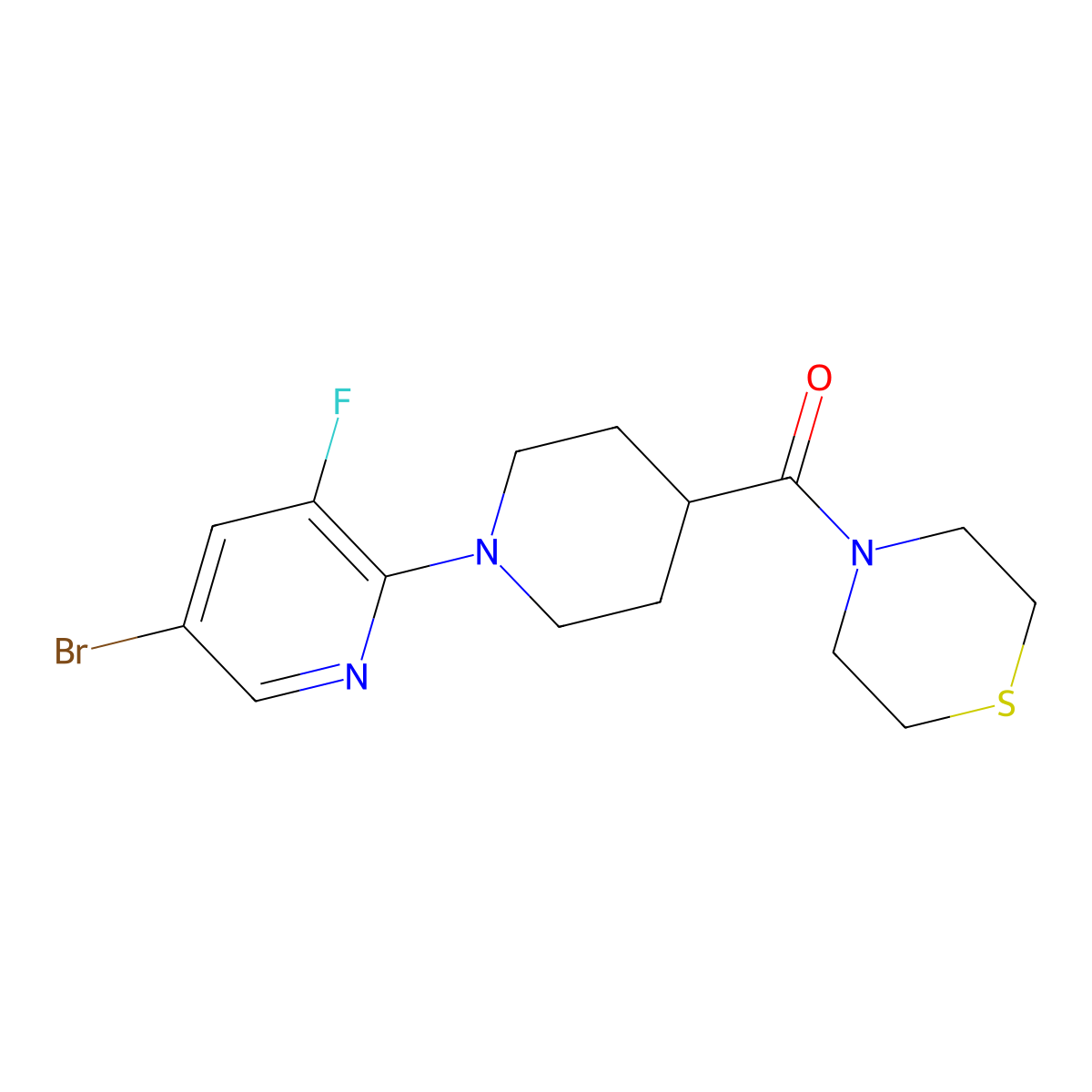 4-[1-(5-Bromo-3-fluoropyridin-2-yl)piperidine-4-carbonyl]thiomorpholine molecular structure, CAS 2770581-15-0