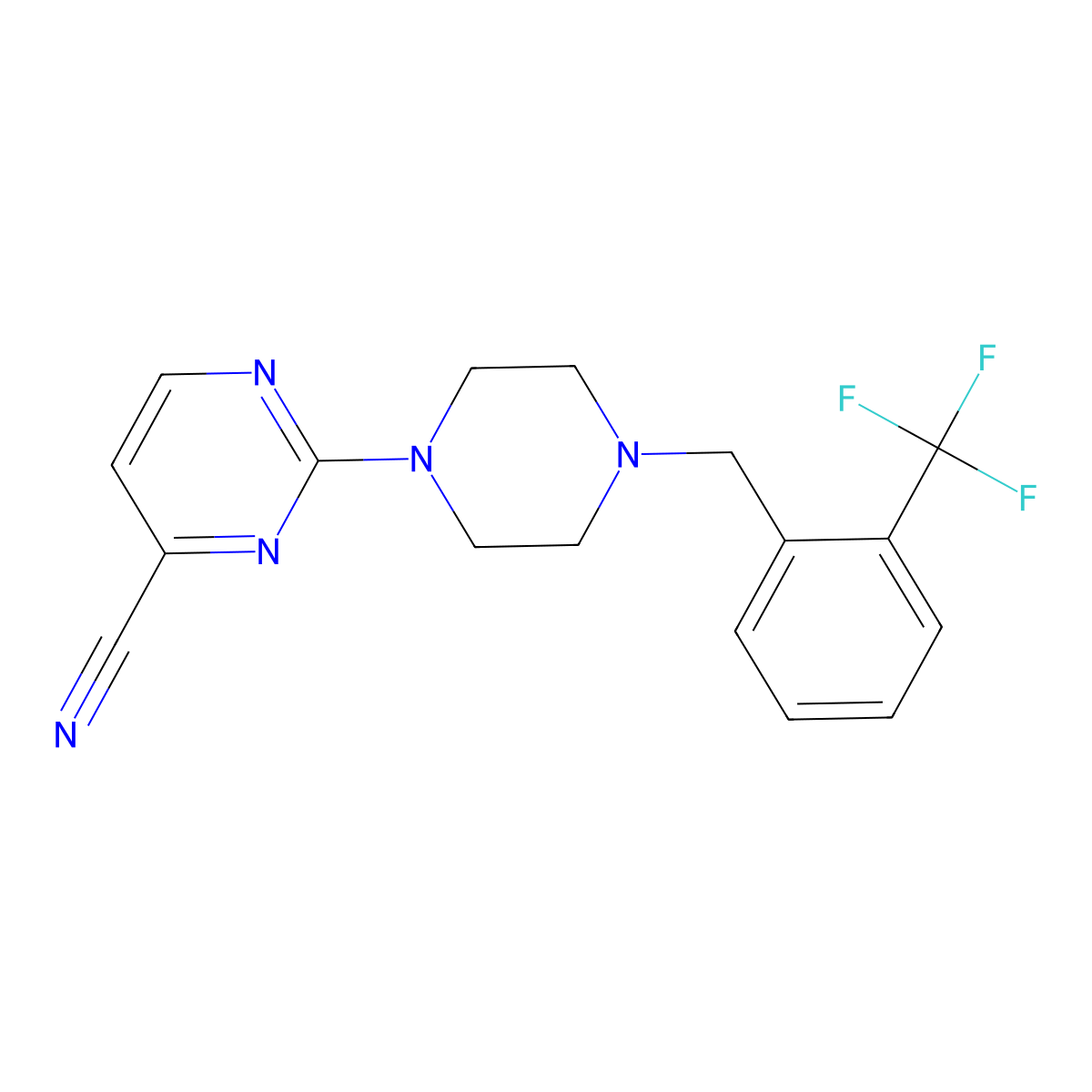 2-(4-{[2-(Trifluoromethyl)phenyl]methyl}piperazin-1-yl)pyrimidine-4-carbonitrile molecular structure, CAS 2770581-17-2