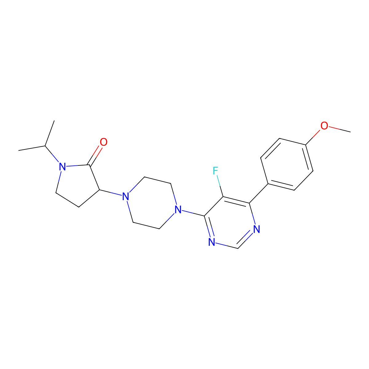 3-{4-[5-Fluoro-6-(4-methoxyphenyl)pyrimidin-4-yl]piperazin-1-yl}-1-(propan-2-yl)pyrrolidin-2-one molecular structure, CAS 2770581-20-7